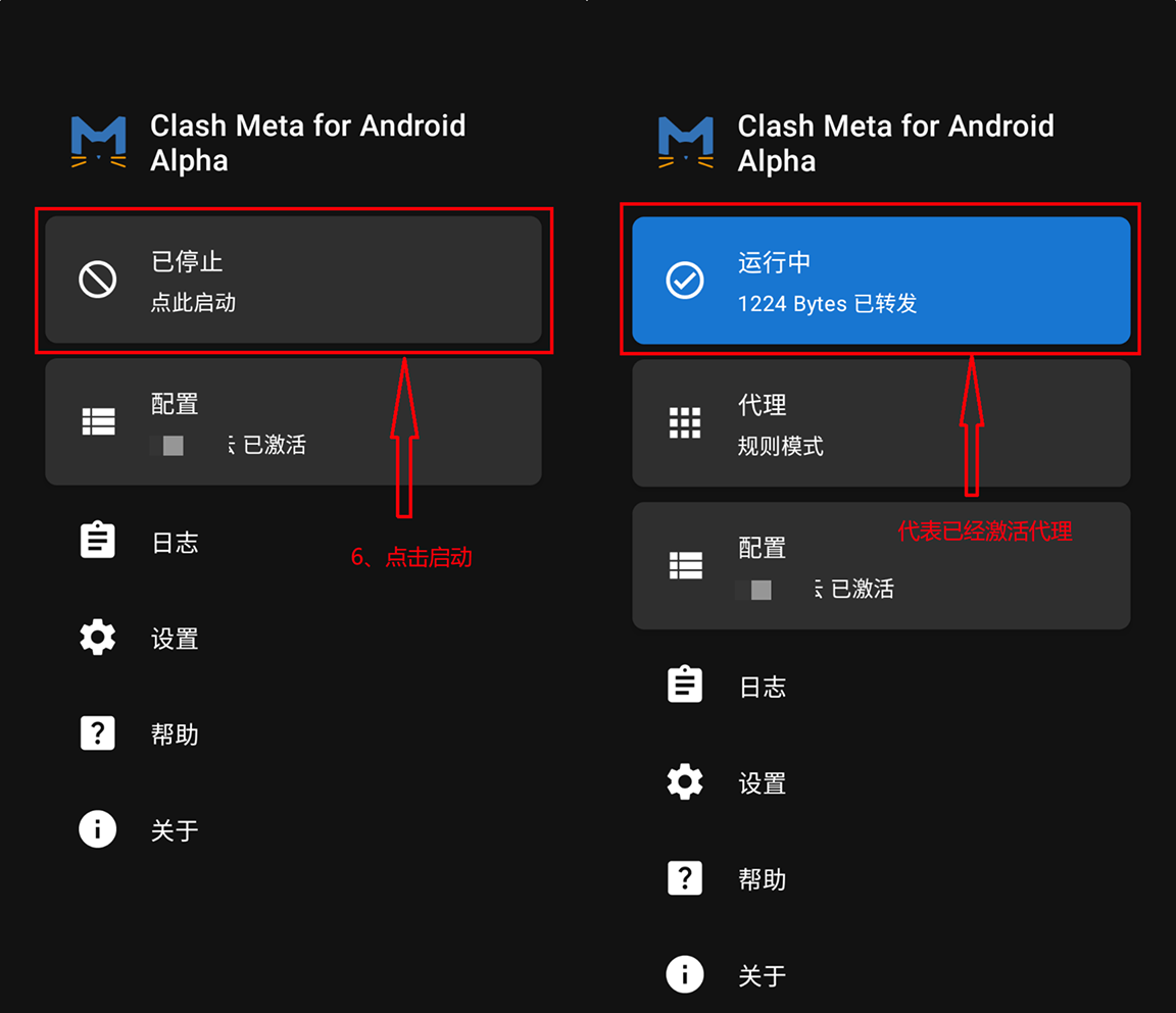 点击已停止以启动 Clash Meta 代理